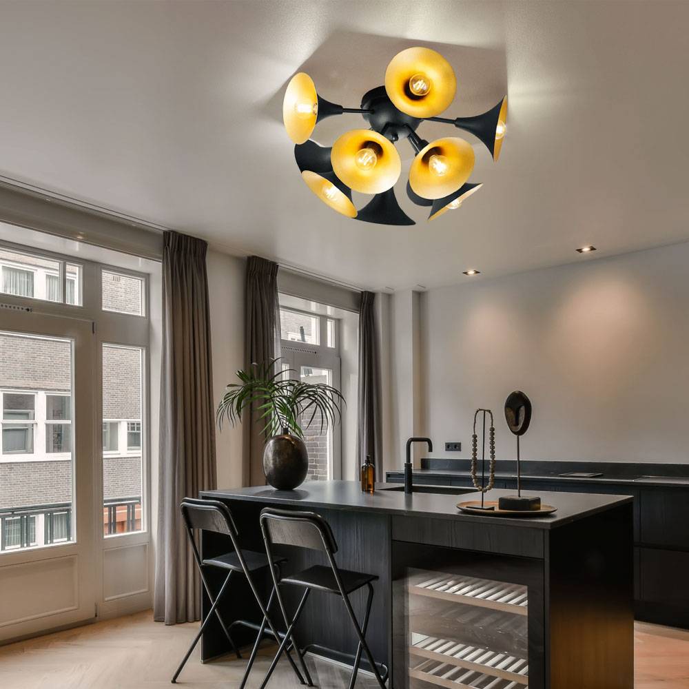 Design Decken Leuchte Trompeten Optik schwarz gold Lampe im Set inkl. LED Leuchtmittel