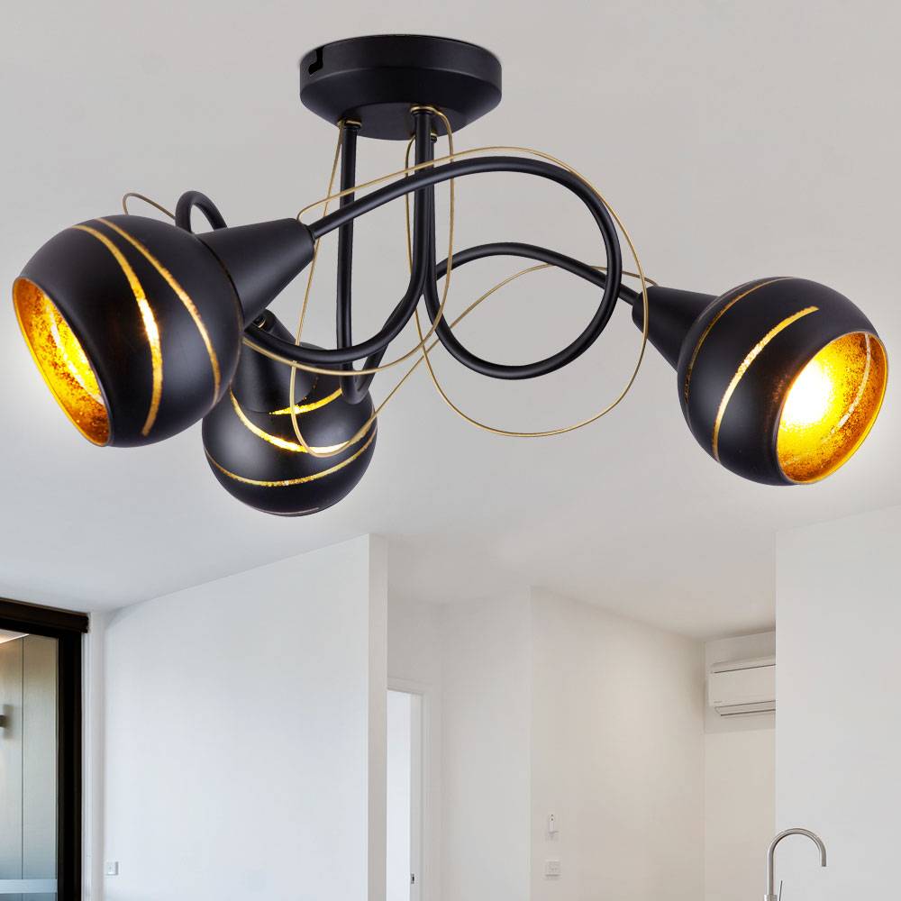 Deckenlampe Deckenleuchte Wohnzimmerlampe Spotrondell Esszimmer, 3 flammig, Metall Glas schwarz goldfarben, 3x E14 Fassungen, DxH 45x21cm