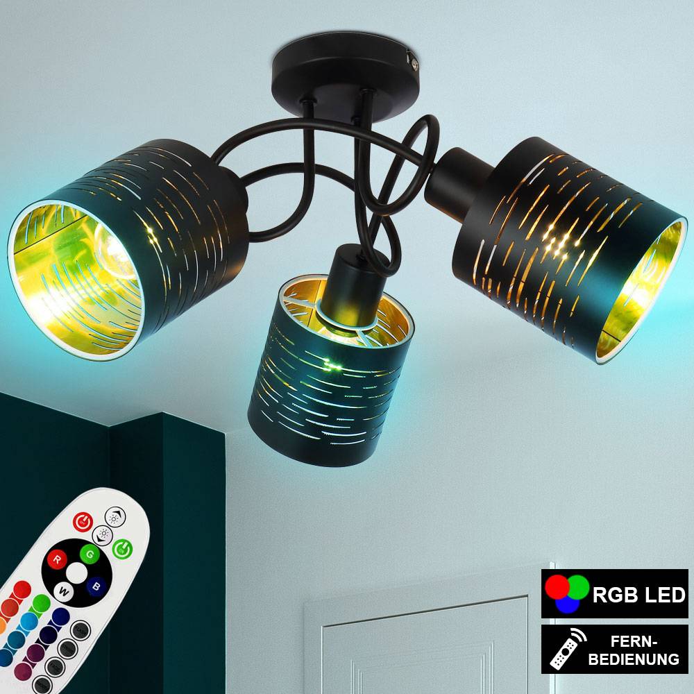 Decken Lampe Muster Ess Zimmer Spot Rondell Gold FERNBEDIENUNG im Set inkl. RGB LED Leuchtmittel