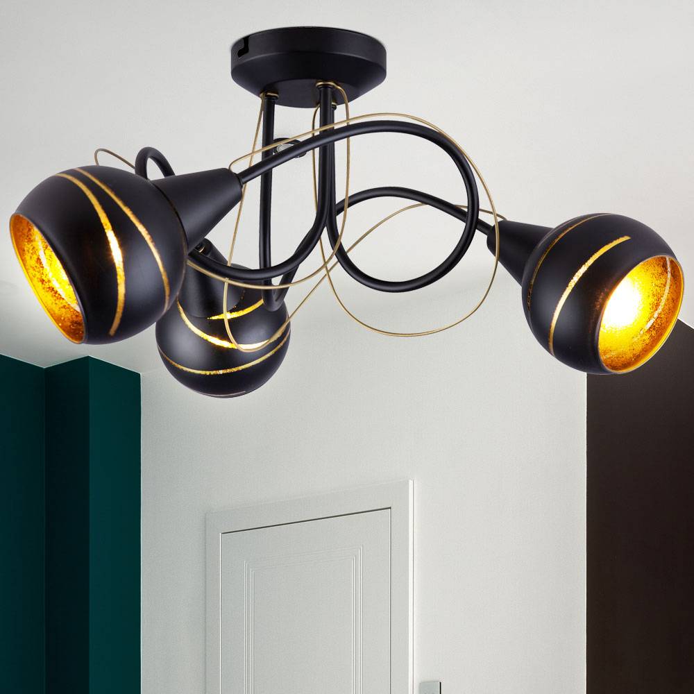 Deckenlampe Deckenleuchte Wohnzimmerlampe Spotrondell Esszimmer, 3 flammig, Metall Glas schwarz goldfarben, 3x E14 Fassungen, DxH 45x21cm