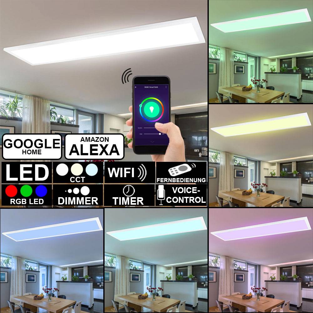 Smart Home LED Deckenpanel Ein- und Aufbau-Panel mit Fernbedienung und CCT Schaltung, 3200 Lumen dimmbar, Länge 120 cm rechteckig, Farbwechsler