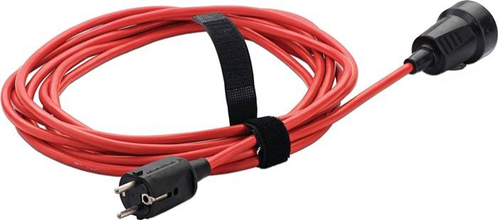 Ein gewickeltes rotes Kabel, gesichert mit einem schwarzen Klettverschluss.
