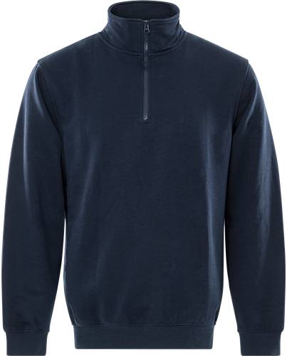 Ein marineblauer, langärmeliger Pullover mit Reißverschluss am Kragen.