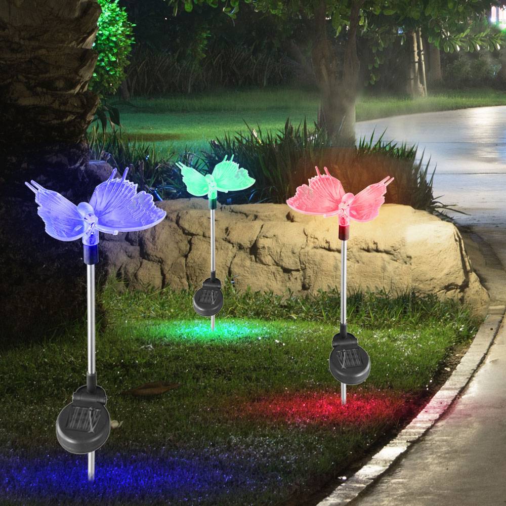 8er Set RGB LED Solar Leuchten Schmetterling Libellen Garten Außen Steck Lampen Stein Design Strahler