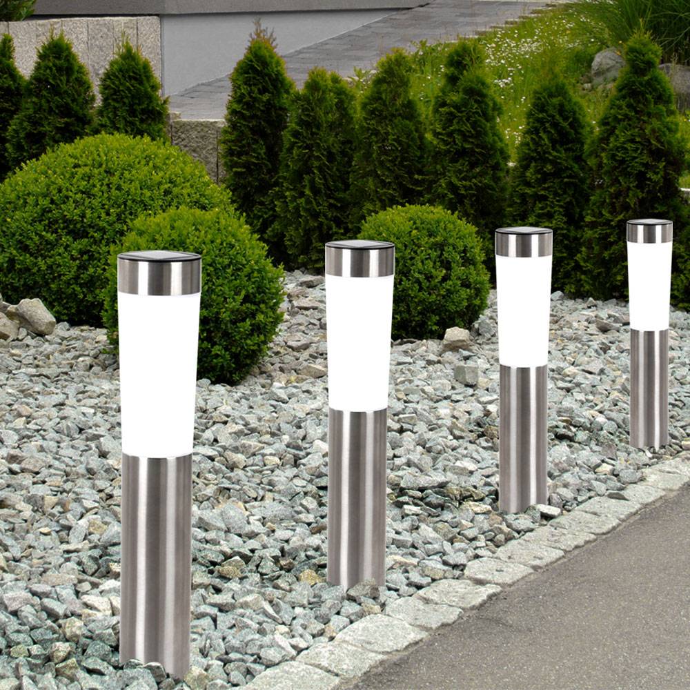 LED 4er Set Solarleuchten für Garten, Außenbeleuchtung mit Erdspieß, Gartenlampe, IP44 Wasserdicht, Edelstahl, Höhe 38 CM