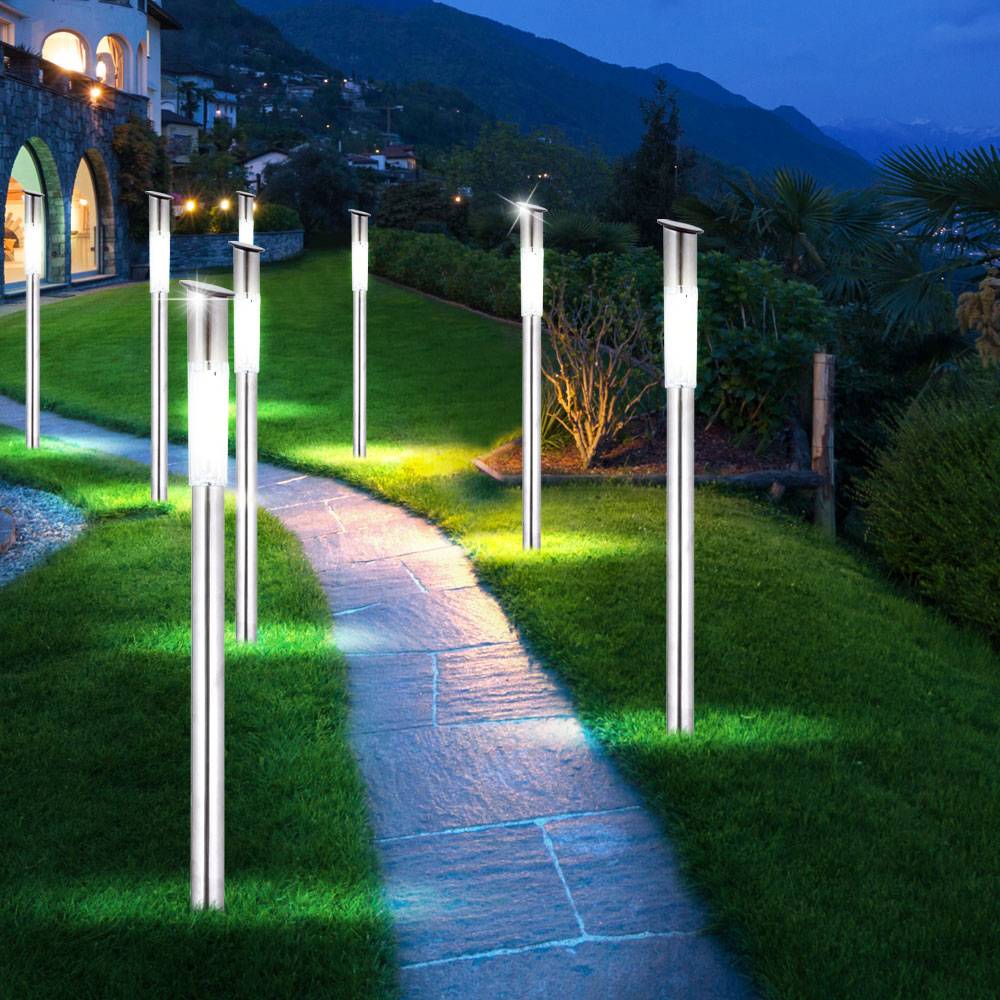 7er Set LED Solar Außen Leuchten Garten Weg Steck Strahler Edelstahl Erdspieß Terrassen Lampen