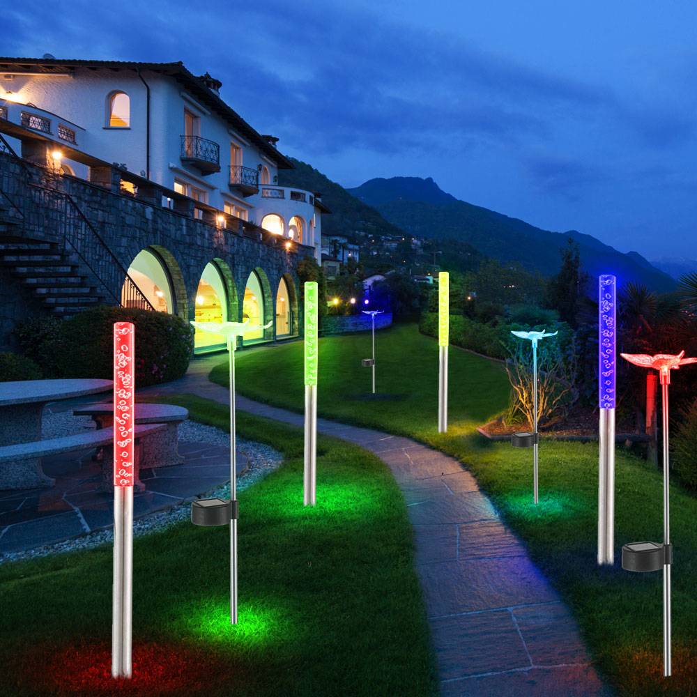 8er Set RGB LED Solar Steck Beleuchtung Garten Weg Schmetterling Lampen Libellen Stäbe Leuchten IP44
