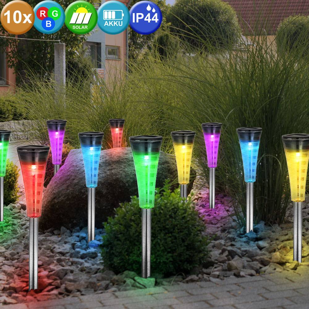 Design 10er Set RGB LED Steck Lampen Solar Hof Edelstahl Strahler Farbwechsler