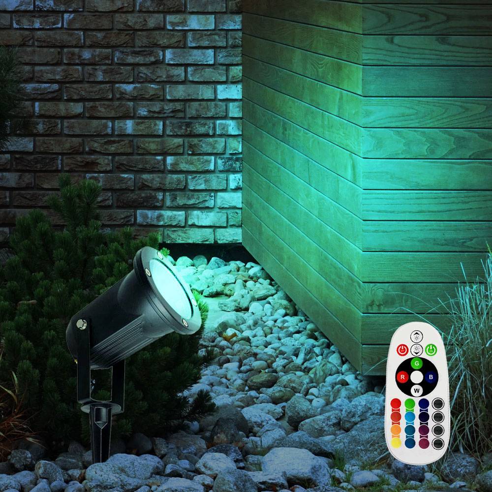 Außen Steckleuchte schwenkbar Außenleuchte Erdspieß Garten Stecklampe Aussen Terrasse, Fernbedienung dimmbar, schwarz, 1x RGB LED 3,5W 290Lm warmwe