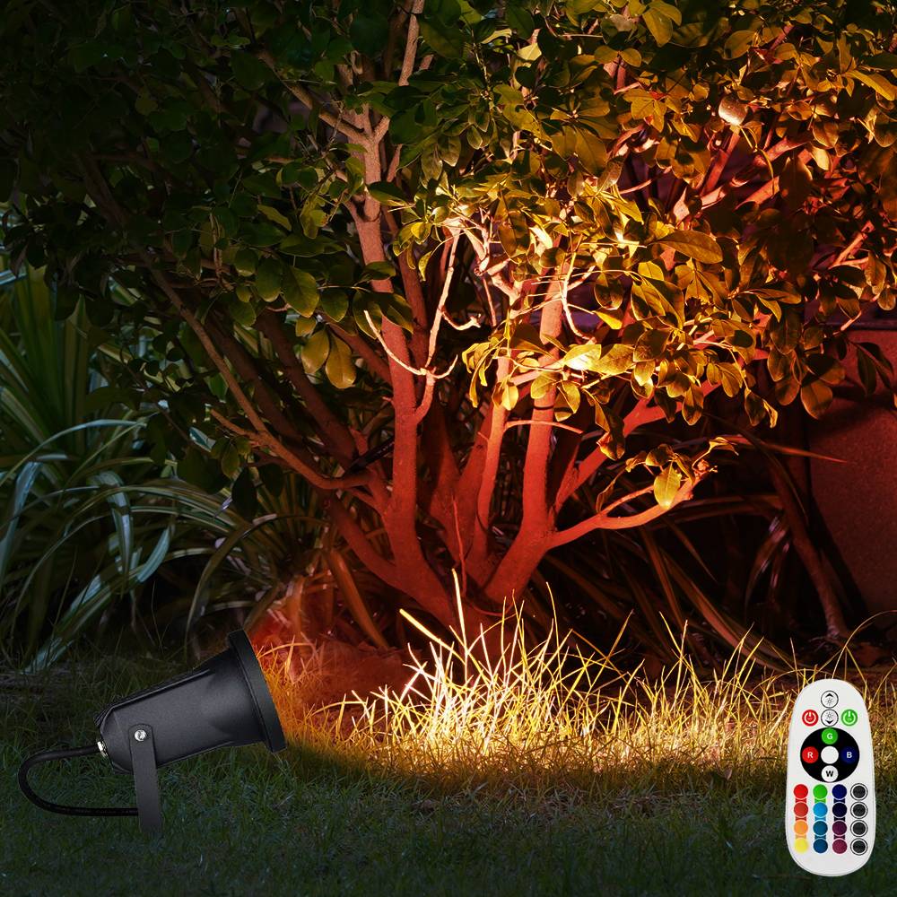 Außen Steckleuchte schwenkbar Außenleuchte Erdspieß Garten Stecklampe Aussen Terrasse, Fernbedienung dimmbar, schwarz, 1x RGB LED 3,5W 290Lm, DxH