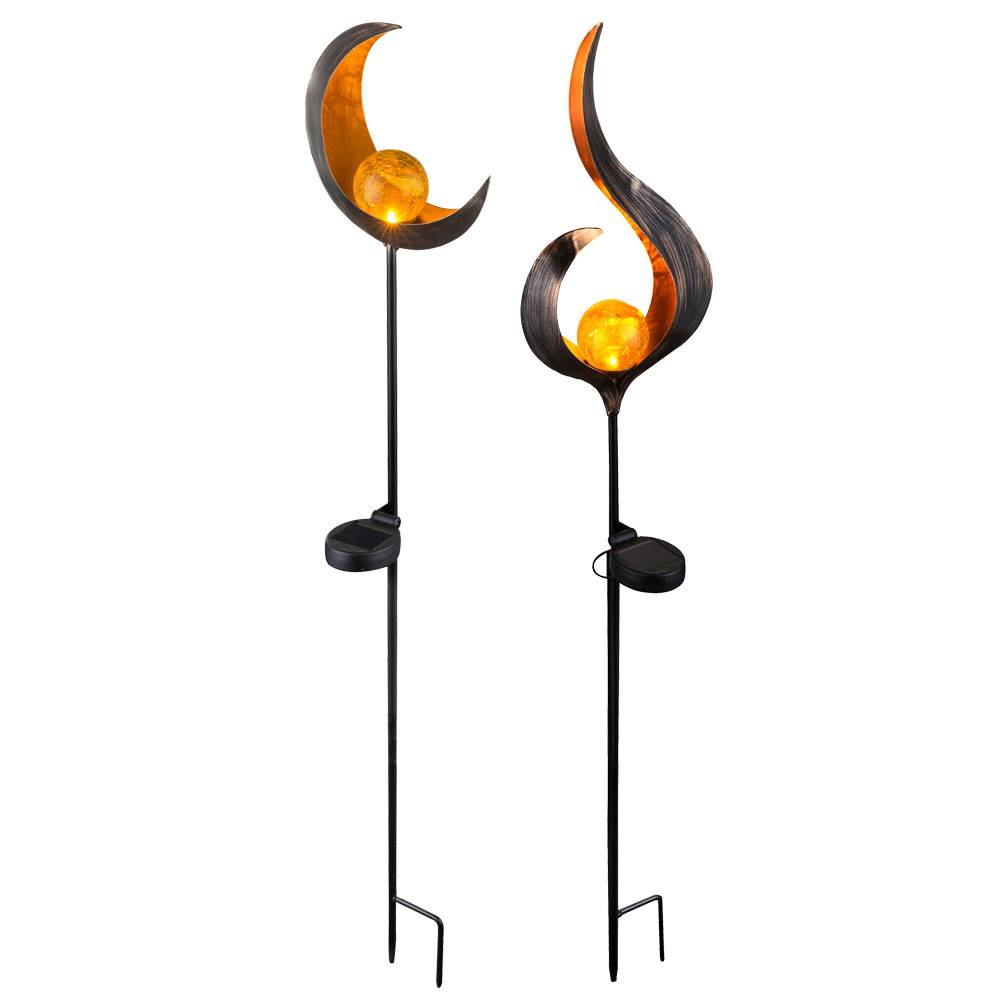 2er Set LED Solar Lampen Außen Bereich Erdspieß Flamme Mond Dekoration Steck Garten Kugel Leuchten