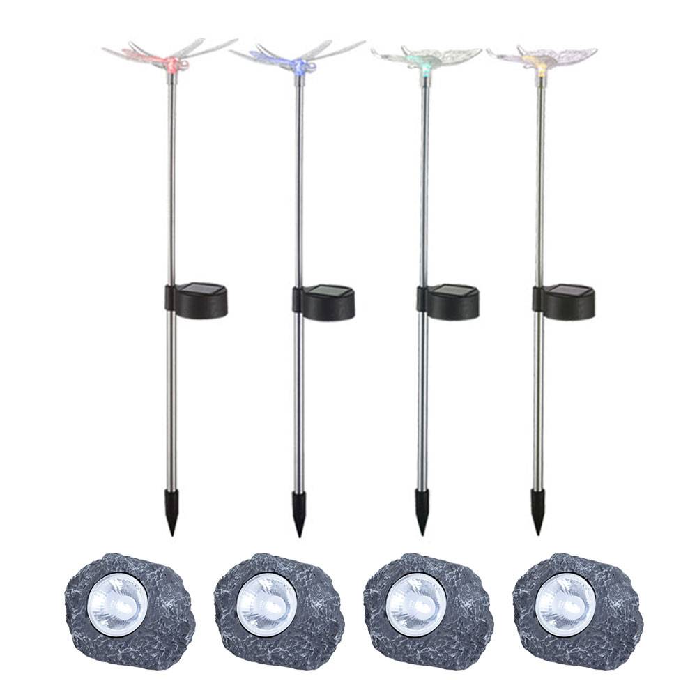 8er Set RGB LED Solar Leuchten Schmetterling Libellen Garten Außen Steck Lampen Stein Design Strahler
