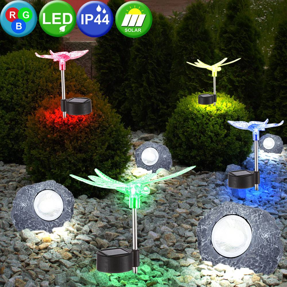 8er Set RGB LED Solar Leuchten Schmetterling Libellen Garten Außen Steck Lampen Stein Design Strahler