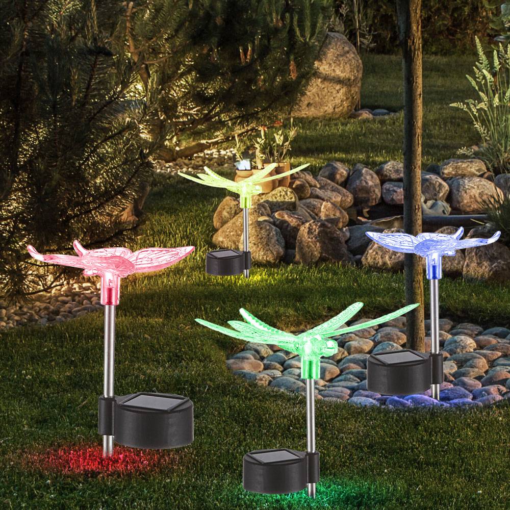 8er Set RGB LED Solar Leuchten Schmetterling Libellen Garten Außen Steck Lampen Stein Design Strahler
