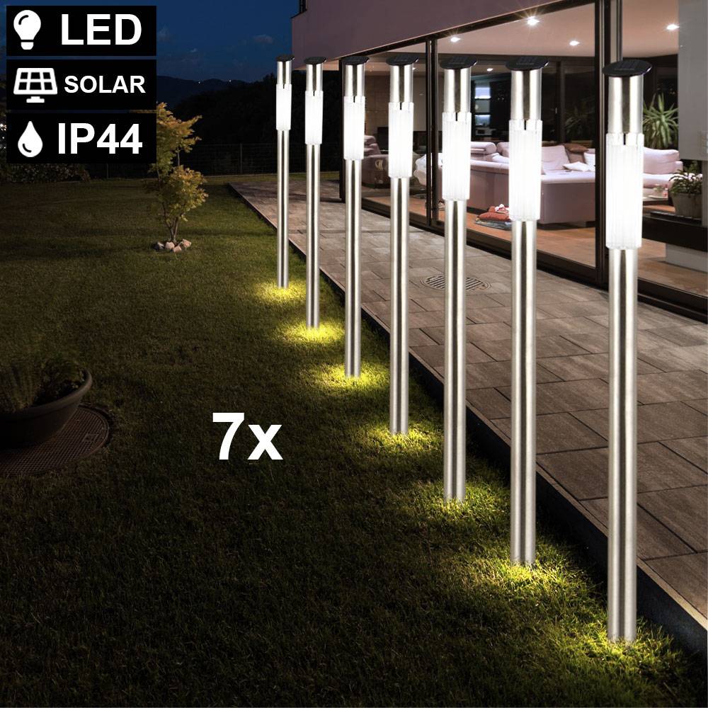 7er Set LED Solar Außen Leuchten Garten Weg Steck Strahler Edelstahl Erdspieß Terrassen Lampen