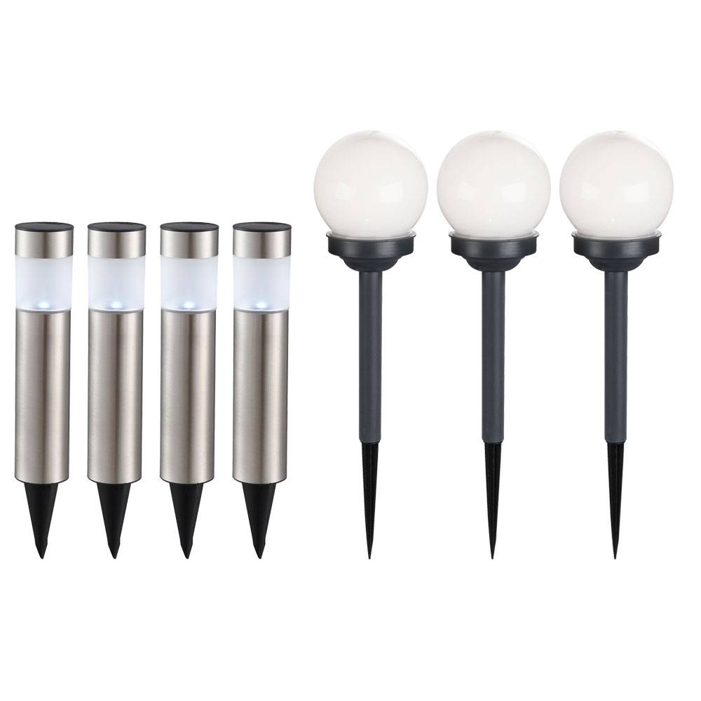 7er Set LED Solar Lampen Kugel Steck Strahler Garten Weg Erdspieß Edelstahl Säulen Außen Leuchten