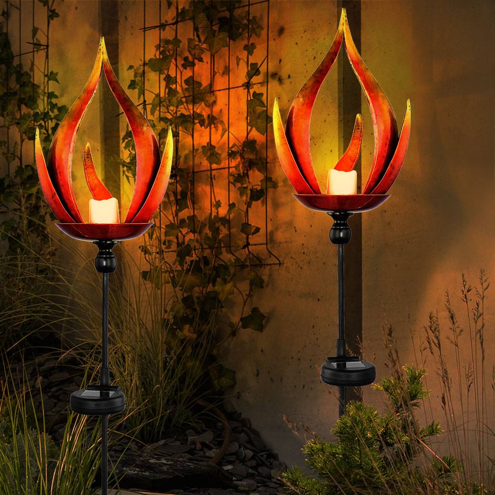 2er Set LED Solar Steck Leuchten Feuer Flammen Effekt Garten Weg Lampen Terrassen Beleuchtung