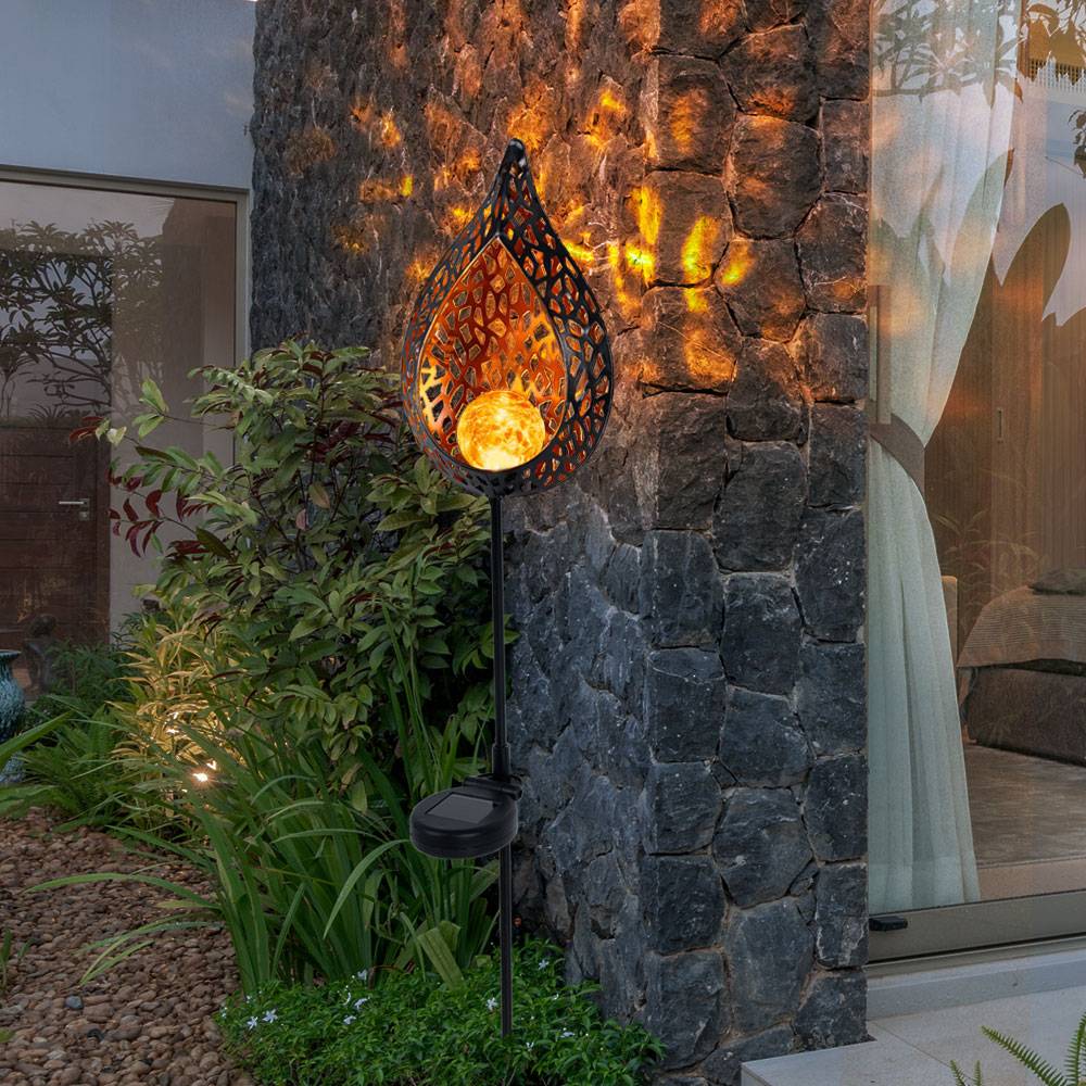 LED Solar Außen Stecklampe Flammeneffekt Solarleuchte Gartendeko Glas Kugel Erdspieß, Gold, 1x LED, L x x H16 x 7 x 90 cm, 3x