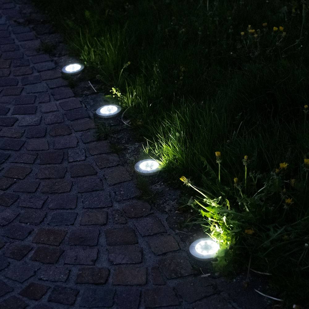 Solarlampen Außenleuchte Spot Erdspieß Edelstahl wetterfest Weg Boden Leuchten, Edelstahl, 8x LED, DxH 13x11,8 cm, 4er Set