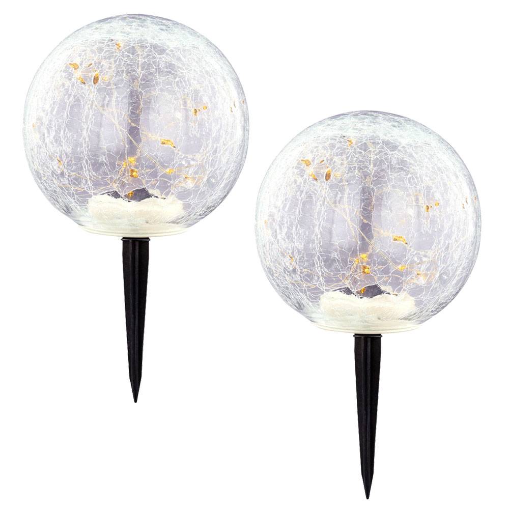 2er Set LED Außen Solar Steck Lampen Kugel Garten Erdspieß Glas Leuchten klar