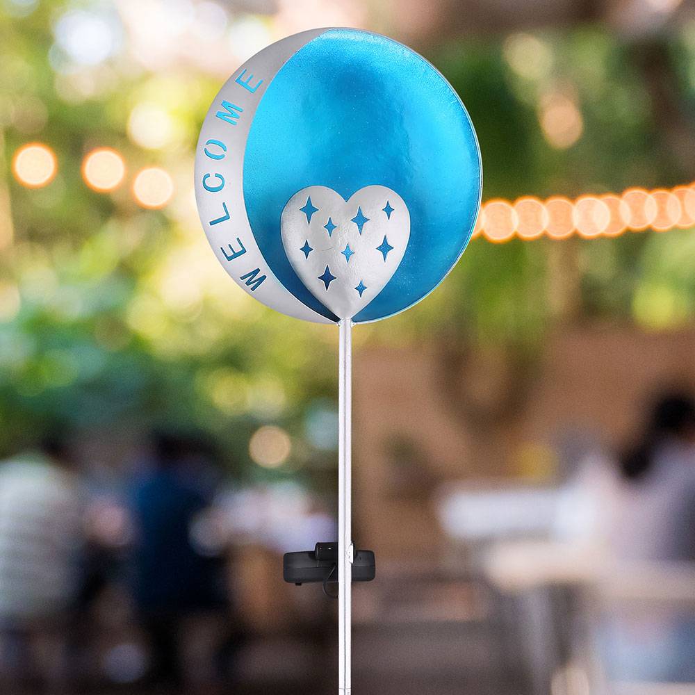 LED Solar Steck Lampe Außen Beleuchtung Dekor Stanzung Welcome Garten Leuchte blau silber