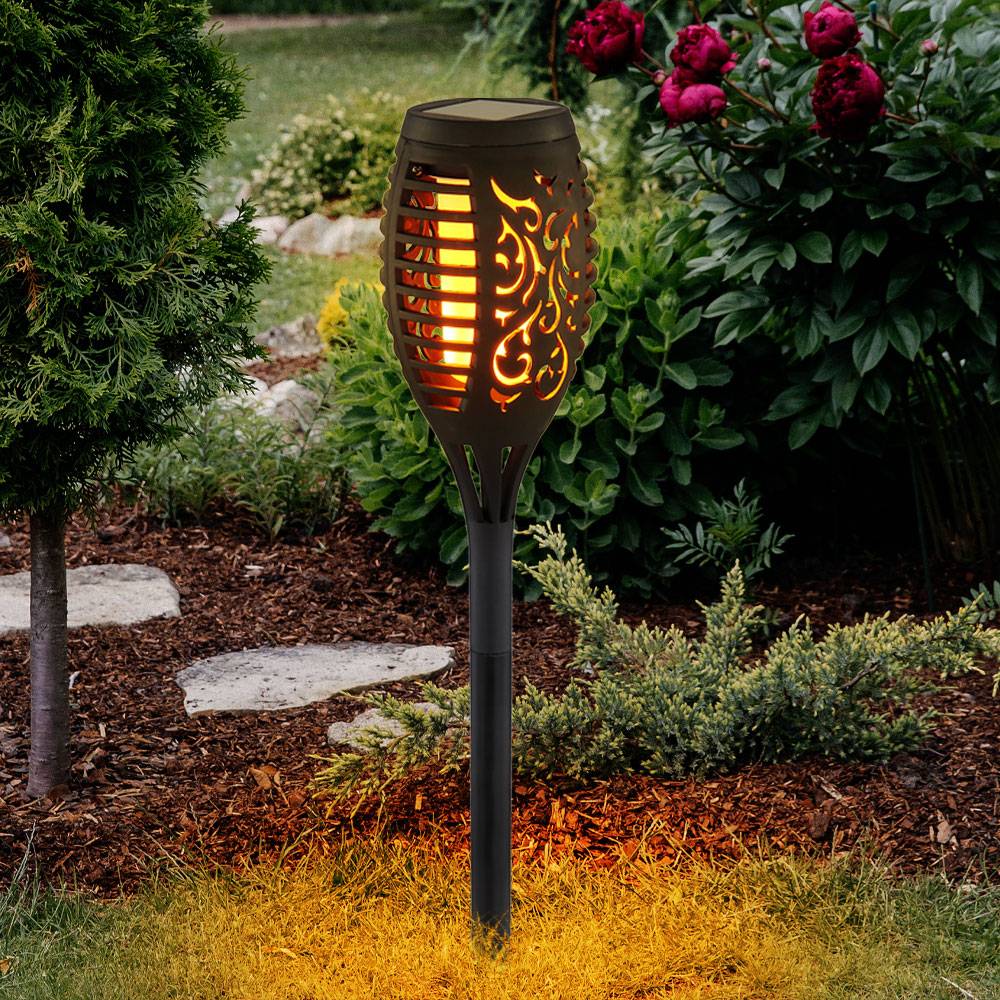 LED Solar Steck Lampe Dekor Stanzunge Feuer Flacker Effekt Garten Außen Leuchte Terrassen Erdspieß