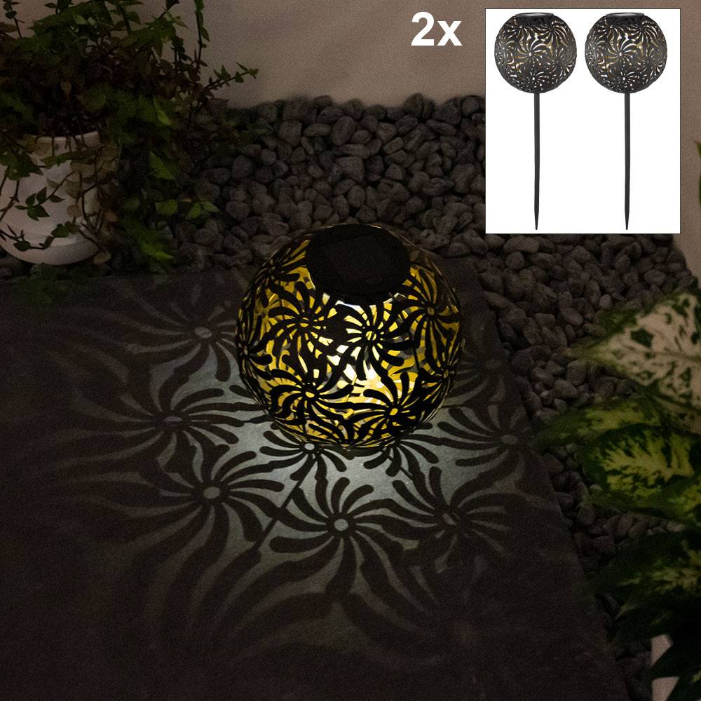 2x LED Solar Steck Erdspieß Lampen Geflecht Kugel Hof Kugel Lampe SCHWARZ GOLD