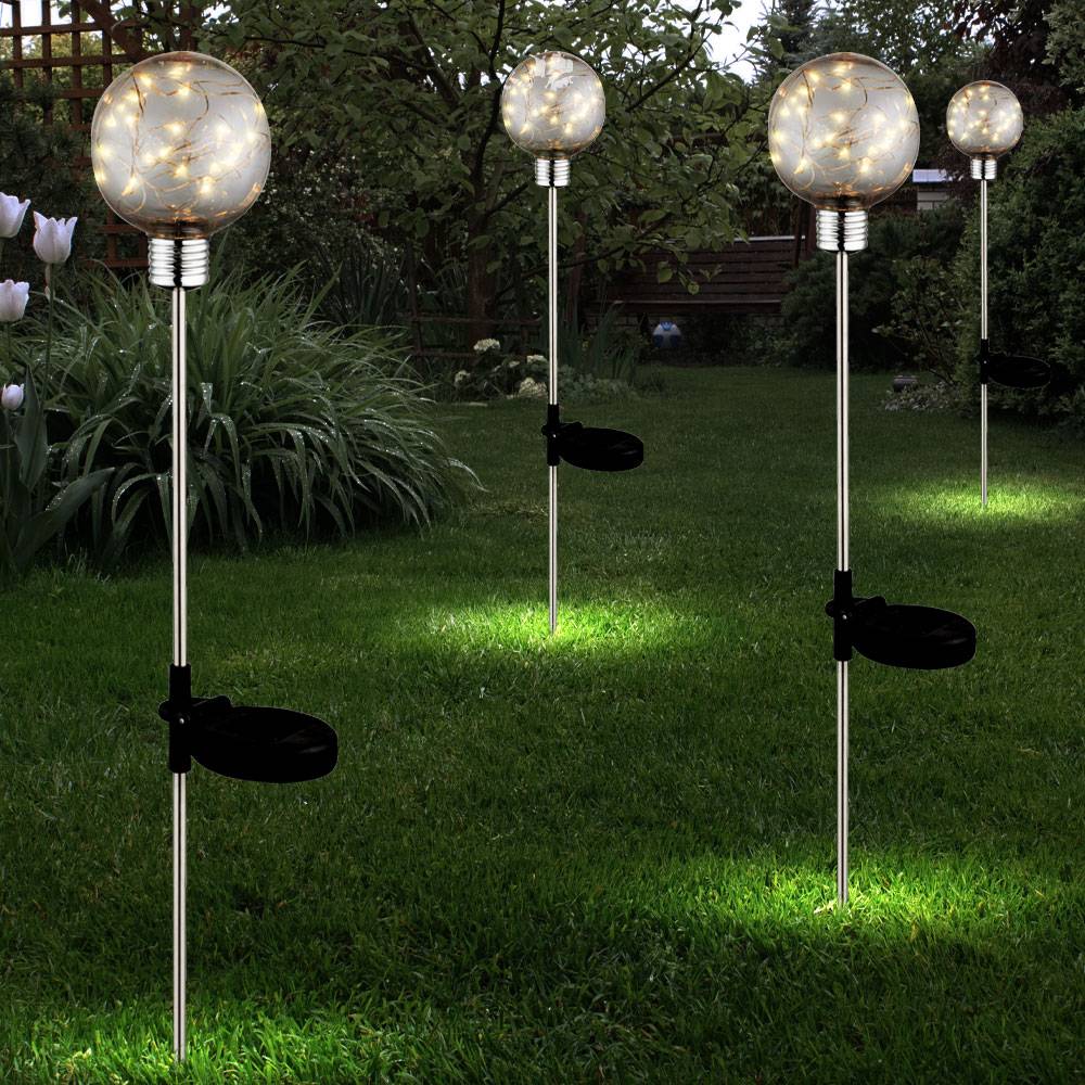 4er Set LED Solar Steck Leuchten Garten Außen Deko Lichterketten Kugel Erdspieß Terrassen Lampen