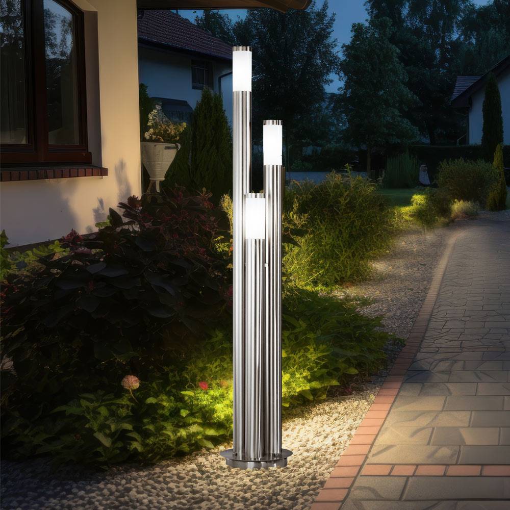 Gartenleuchte 170 cm Wegeleuchten Außen Edelstahl LED Stehleuchte Außen groß, 3 silberne Säulen,3x 3Watt 3x 320lm warmweiß ,D 28 cm