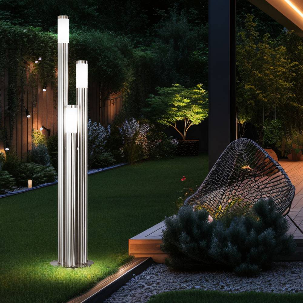 Wegeleuchten Außen Edelstahl LED Stehleuchte Außen groß, Gartenleuchte 170 cm 3 silberne Säulen,3x 9Watt 3x 806lm warmweiß ,D 28 cm
