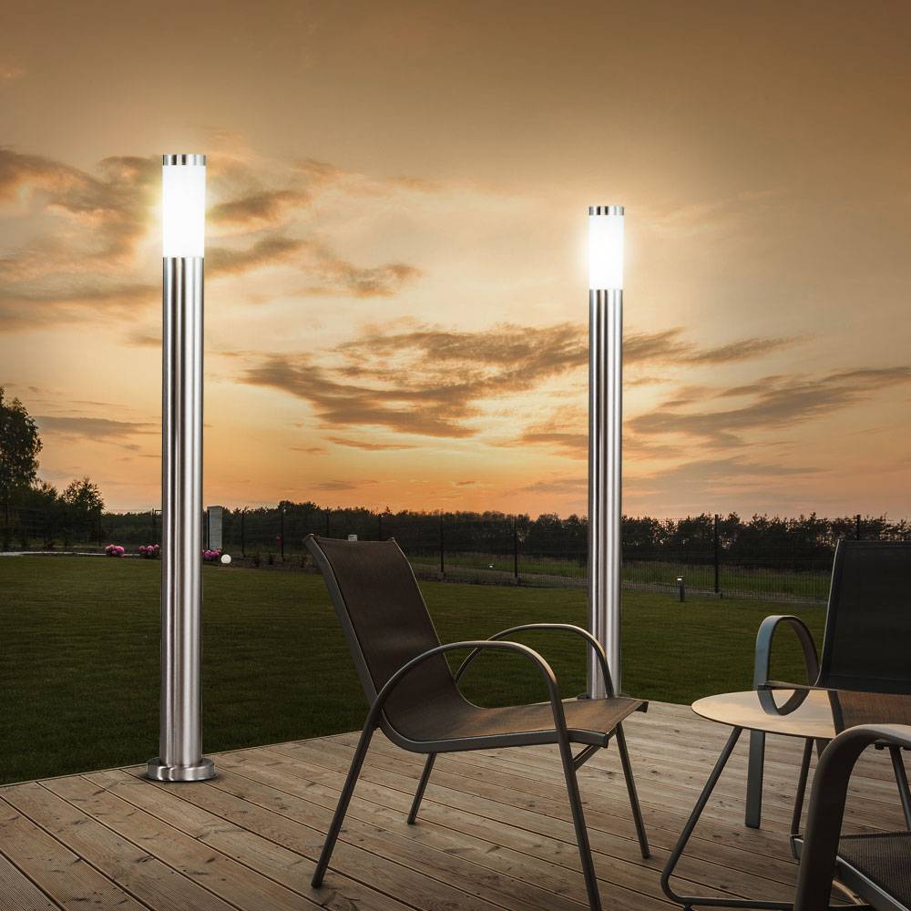 Stehlampe Stehleuchte Außenlampe Außenleuchte Beistellleuchte Wegelampe, IP44 Wetterfest, Edelstahl opal silber, 1x E27 Fassung, DxH 7,6x110cm, 2er
