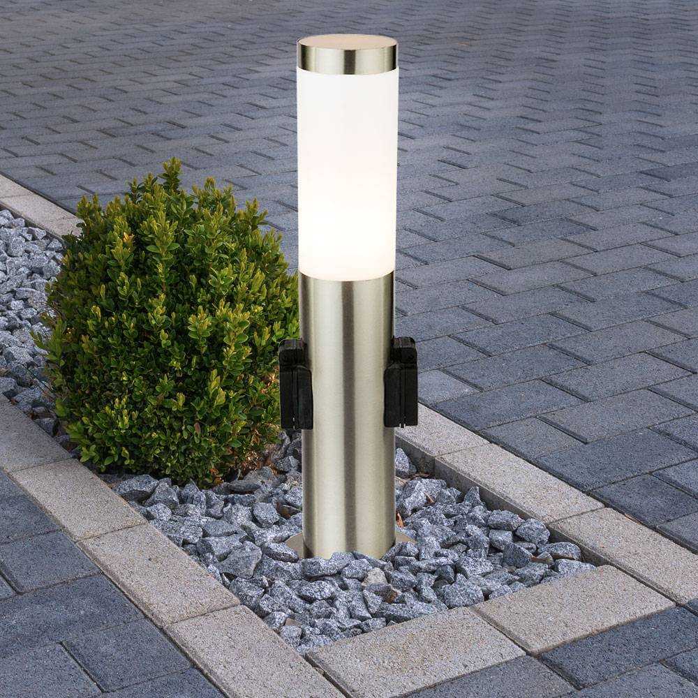 7 Watt LED Edelstahl Stand Leuchte Garten IP44 2x Steckdosen Stromverteilung