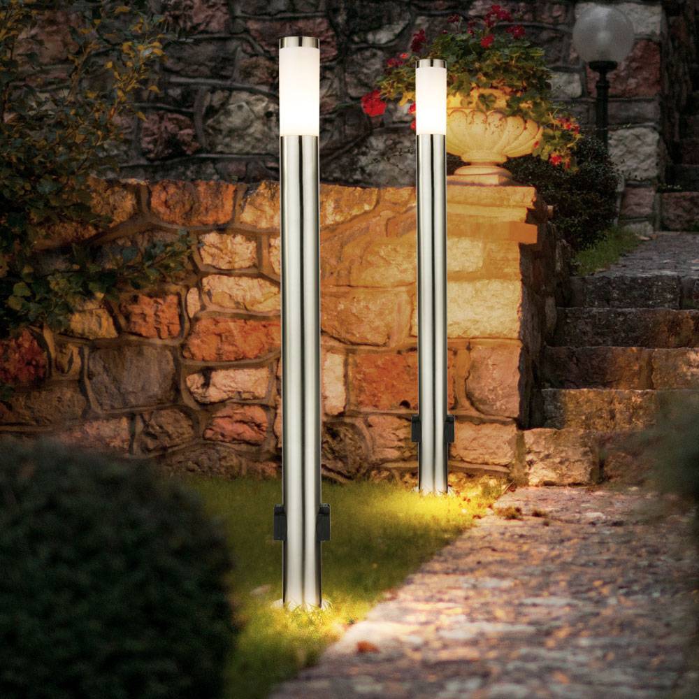 Außenstehleuchte Gartenlampe Wegeleuchte 2x Steckdose Pollerleuchte silber, 1x E27, DxH 13,1 x 110 cm, 2er Set