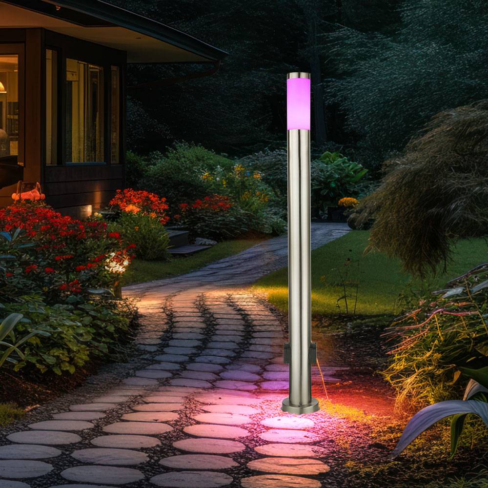 LED Außen Steh Stand Lampe Leuchte EDELSTAHL Garten Beleuchtung Stromverteiler Steckdose DIMMER inkl. FERNBEDIENUNG