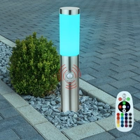 Sockelleuchte E27 Stehlampe Garten Außenleuchte Bewegungsmelder, Fernbedienung dimmbar Memory IP44, Sensor, Edelstahl silber opal, 1x RGB LED 8,5W Sockelleuchte E27 Stehlampe Garten Außenleuchte Bewegungsmelder, Fernbedienung dimmbar Memory IP44, Sensor, Edelstahl silber opal, 1x RGB LED 8,5W