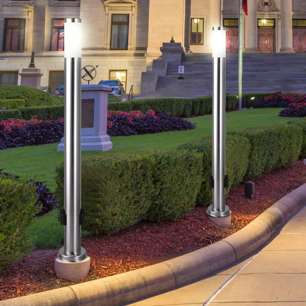 2er Set Steh Lampe Strom Verteilung IP44 Außen Steckdosen Edelstahl silber