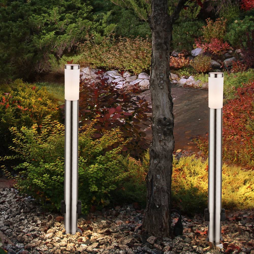 2er Set Steh Lampe Strom Verteilung IP44 Außen Steckdosen Edelstahl silber