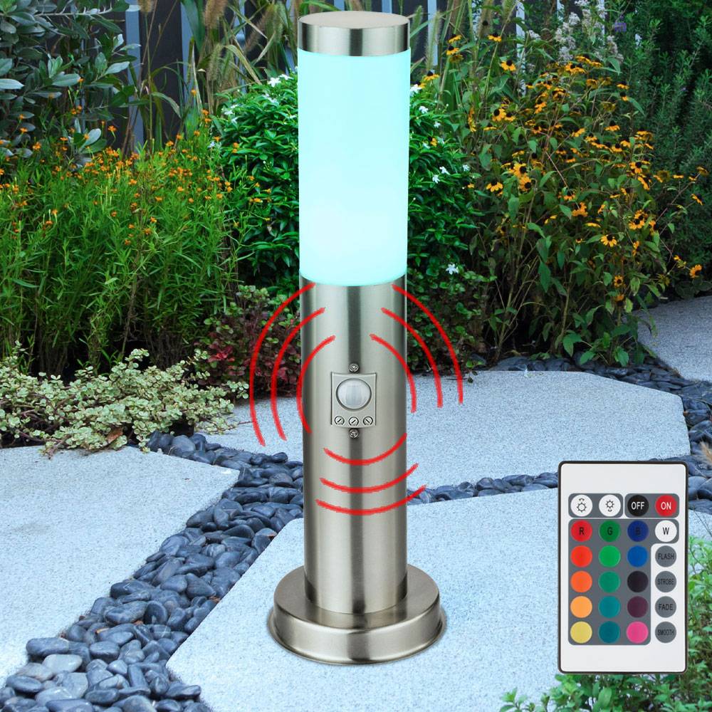 LED Wegeleuchte Außenleuchte mit Bewegungsmelder Stehlampe dimmbar mit Fernbedienung Gartenleuchte, RGB Farbwechsel, 8,5W 806lm warmweiß, DxH 12,7x4