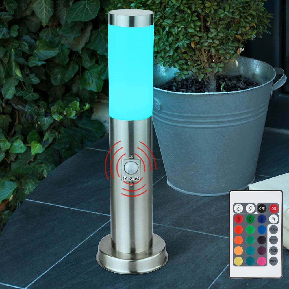 Stehlampe dimmbar mit Fernbedienung Gartenleuchte LED Wegeleuchte Außenleuchte mit Bewegungsmelder, RGB Farbwechsel, 8,5W 806lm warmweiß, DxH 12,7x4