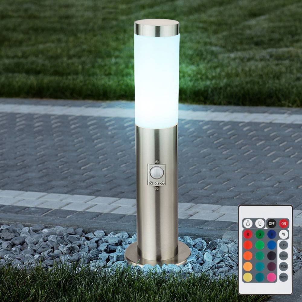 Stehlampe dimmbar mit Fernbedienung Gartenleuchte LED Wegeleuchte Außenleuchte mit Bewegungsmelder, RGB Farbwechsel, 8,5W 806lm warmweiß, DxH 12,7x4