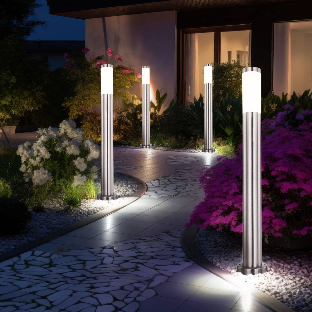 4er Set Außenstehlampe Gartenleuchte aus Edelstahl Garten Standleuchte silber Wegelampe Außen Stehleuchte, Edelstahl, 1x E27, IP44, 7,6 x 80 cm