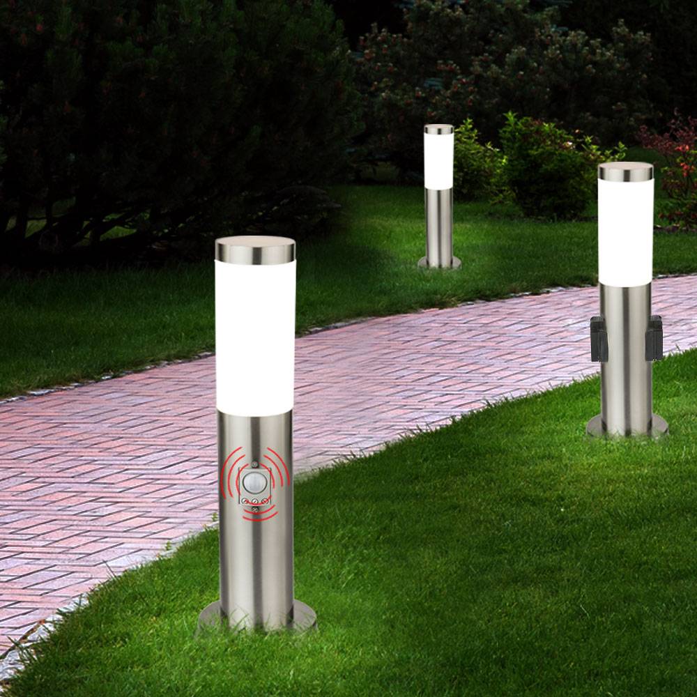 3er Set Steh Leuchten Außen Beleuchtungen Stand Lampen Edelstahl Bewegungsmelder Steckdose