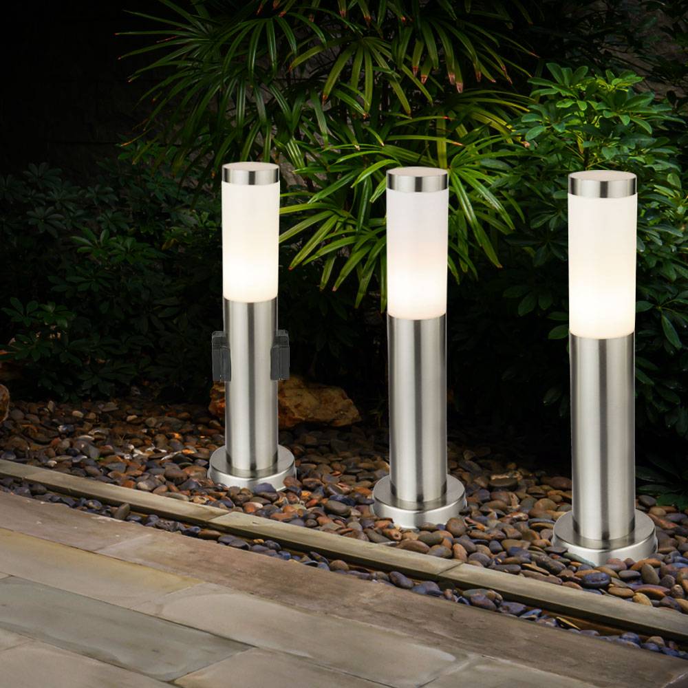 3er Set Steh Leuchten Außen Beleuchtungen Steckdosen Edelstahl Stand Lampen Strahler IP44 E27 Licht