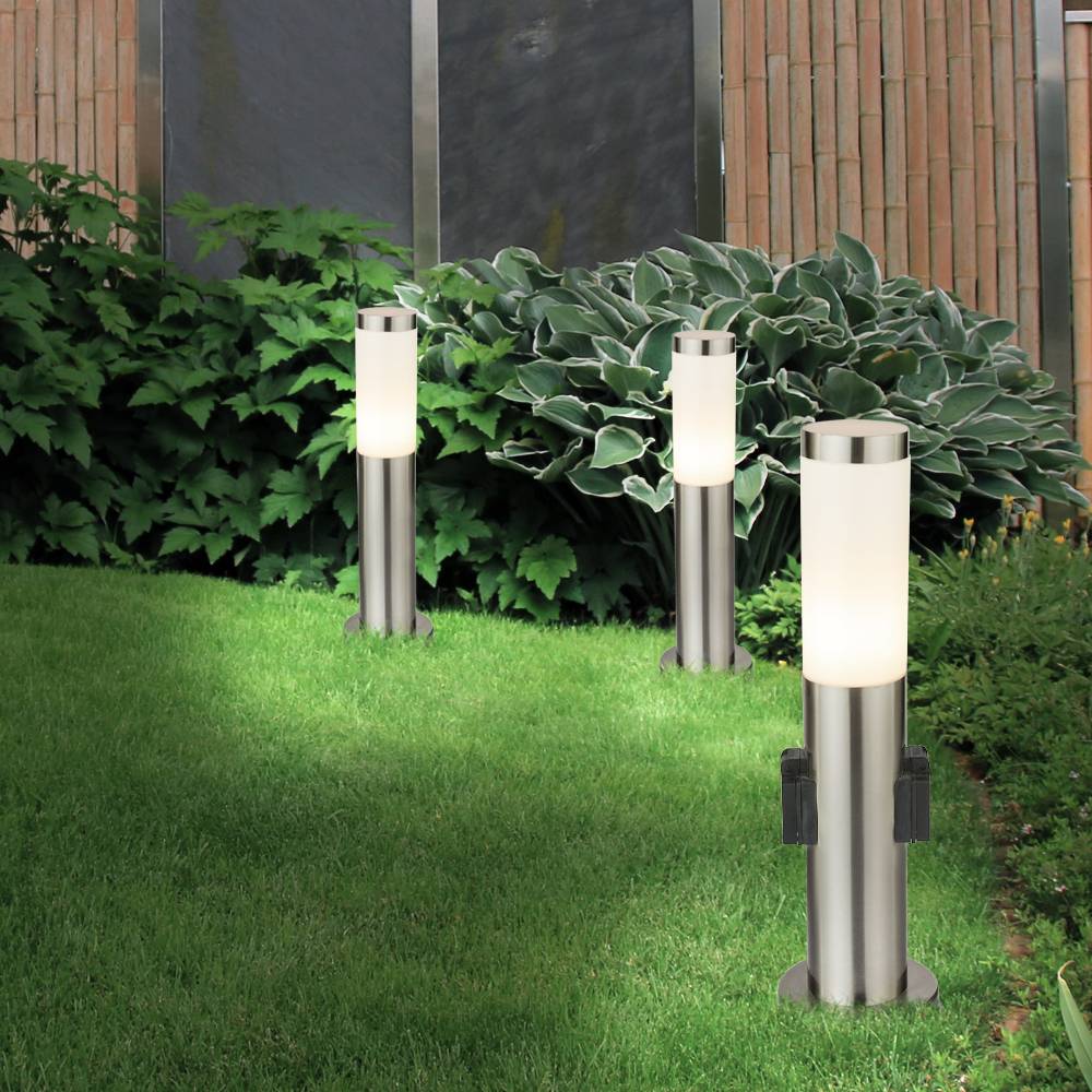3er Set Steh Leuchten Außen Beleuchtungen Steckdosen Edelstahl Stand Lampen Strahler IP44 E27 Licht
