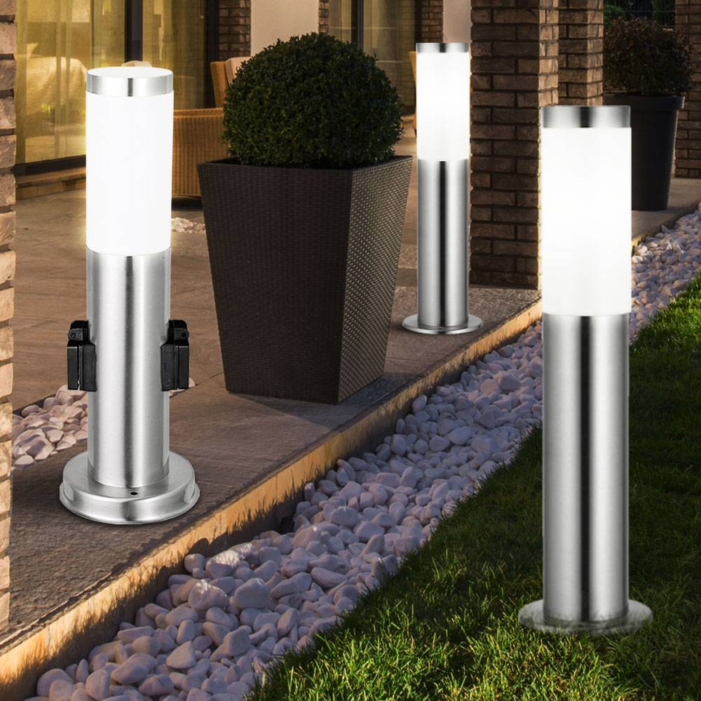 3er Set Steh Leuchten Außen Steckdosen Edelstahl Stand Lampen im Set inklusive LED Leuchtmittel