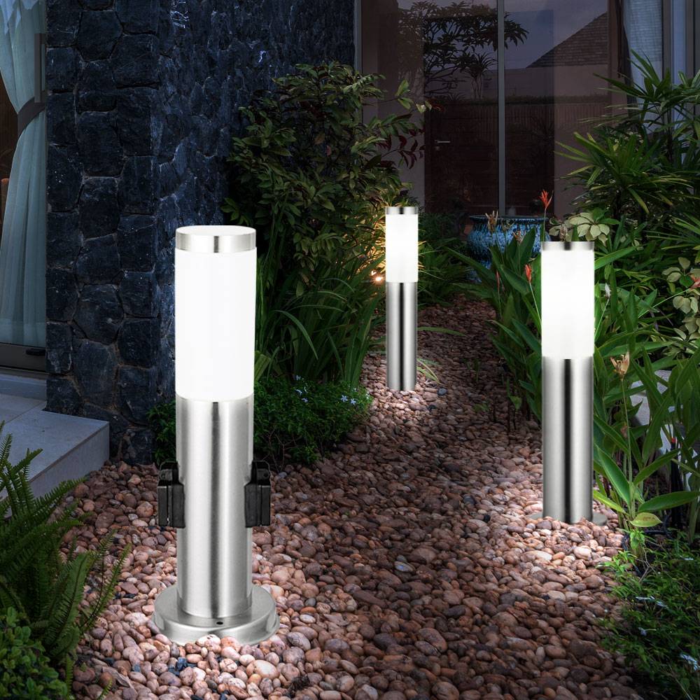 3er Set Steh Leuchten Außen Steckdosen Edelstahl Stand Lampen im Set inklusive LED Leuchtmittel