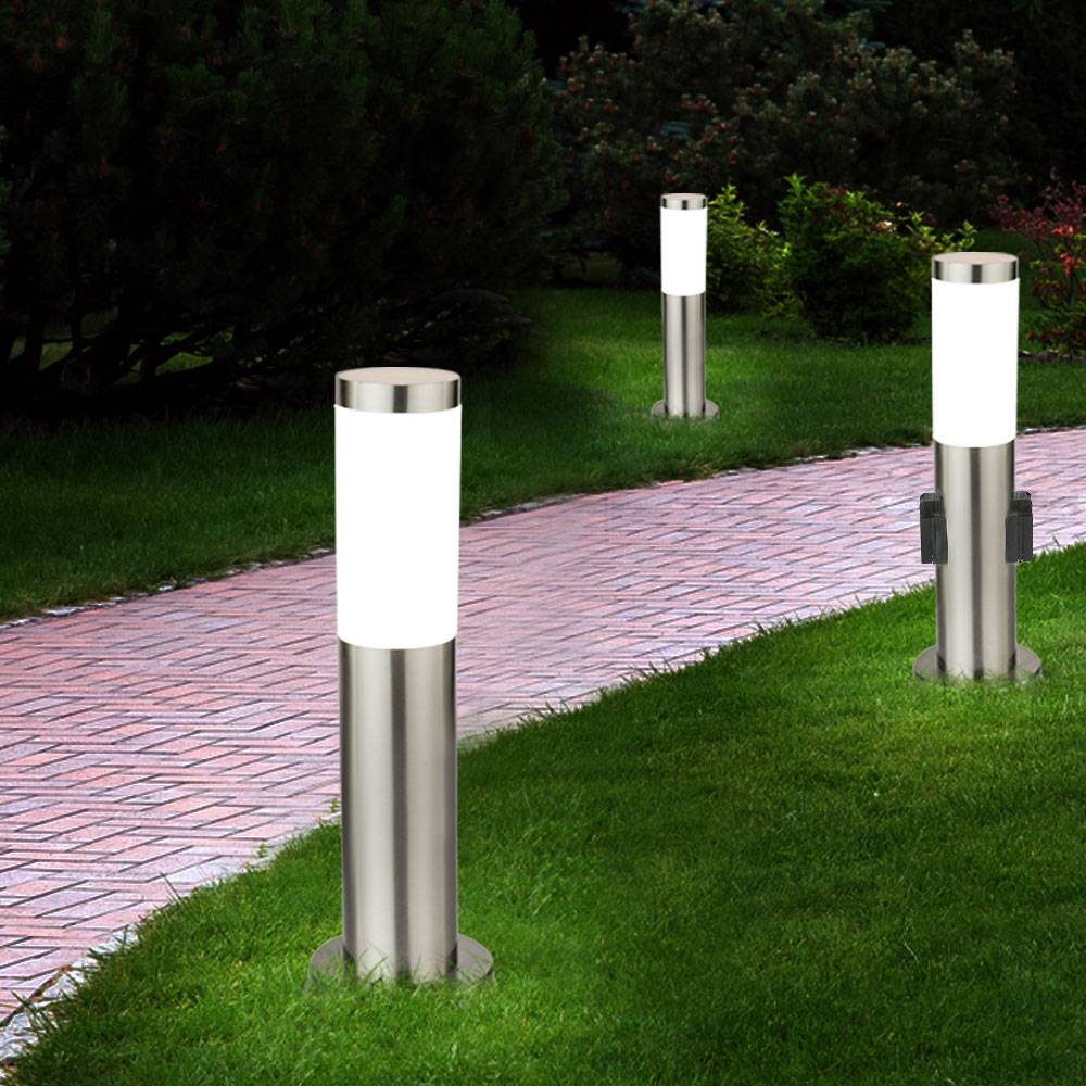 3er Set Steh Leuchten Außen Steckdosen Edelstahl Stand Lampen im Set inklusive LED Leuchtmittel