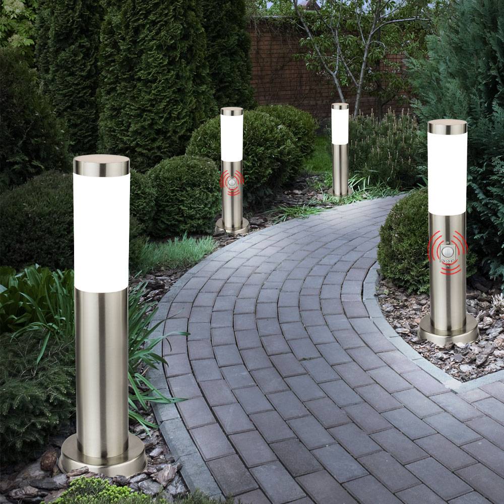4er Set Außen Stehleuchten Säulen mit Bewegungsmelder Edelstahl Standleuchte Stehlampe, 1x E27 LED 1055 Lumen warmweiß, Garten Außenbereich