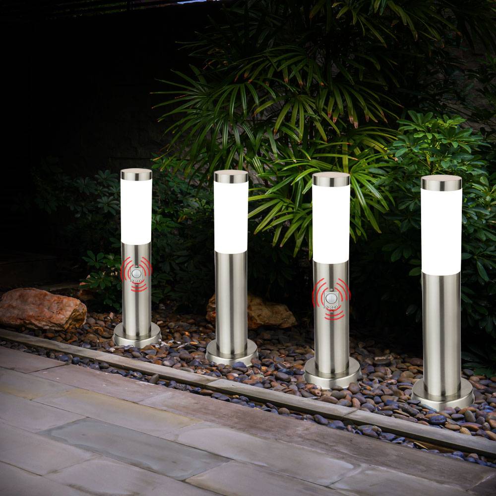 4er Set Außen Stehleuchten Säulen mit Bewegungsmelder Edelstahl Standleuchte Stehlampe, 1x E27 LED 1055 Lumen warmweiß, Garten Außenbereich