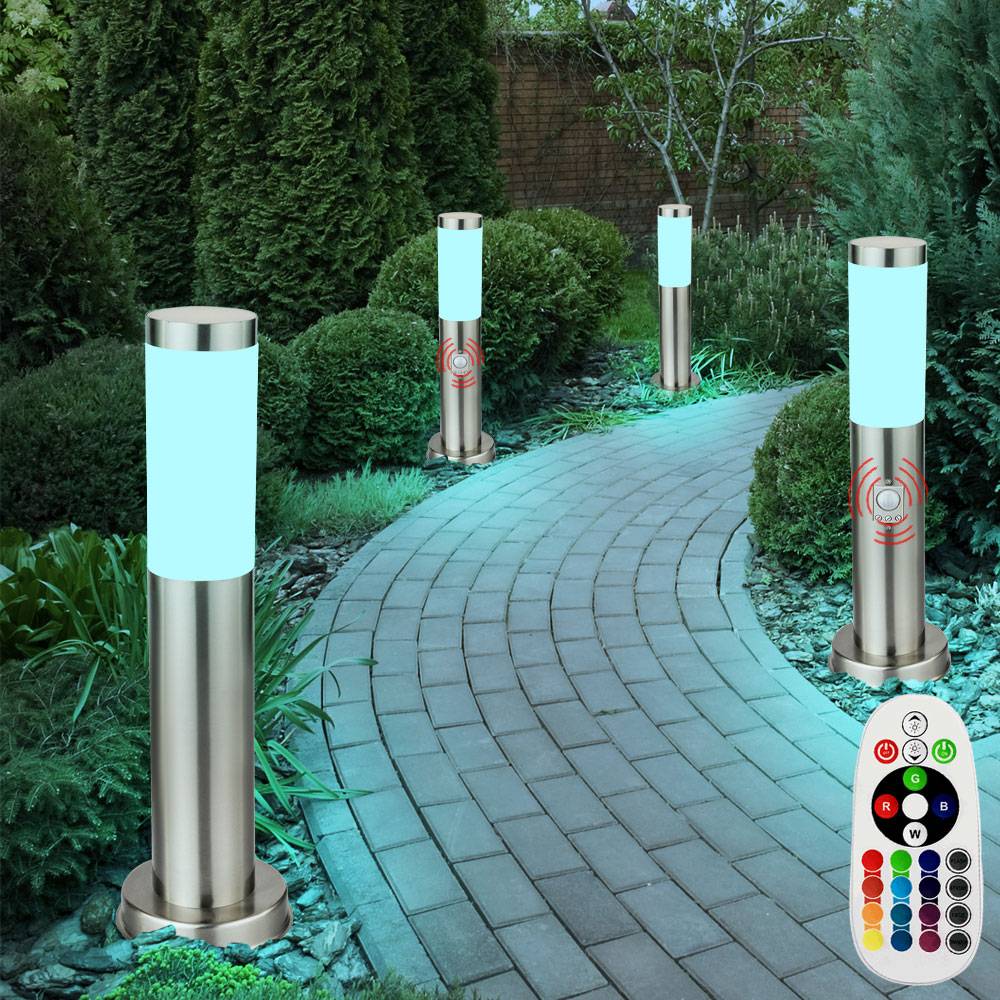 4er Set RGB LED Außen Steh Lampen dimmbar Fernbedienung Edelstahl Bewegungsmelder Garten Weg Leuchten